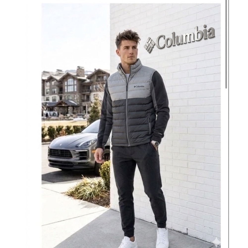 Columbia 🔥Mens 🎱Powder Lite Omni-Heat Puffer Vest Grey Two-Tone Full Zip Large